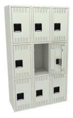 A metal locker unit with three columns and three rows, totaling nine compartments. Eight compartments are closed, while one in the middle column of the second row is open, revealing its empty interior. The lockers are light gray.