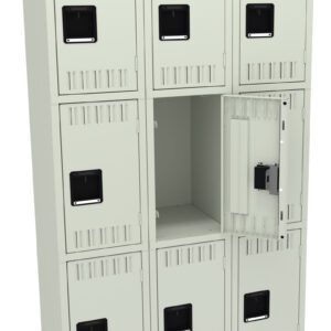 A metal locker unit with three columns and three rows, totaling nine compartments. Eight compartments are closed, while one in the middle column of the second row is open, revealing its empty interior. The lockers are light gray.