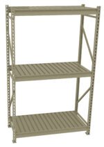 A beige metal shelving unit with three shelves and a sturdy frame. The unit is empty and stands against a white background, showing its simple, industrial design and ample storage space.