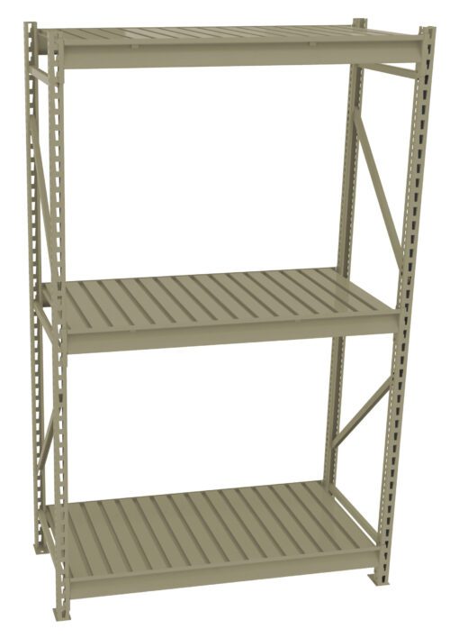 A beige metal shelving unit with three shelves and a sturdy frame. The unit is empty and stands against a white background, showing its simple, industrial design and ample storage space.