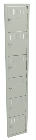 A tall, narrow locker with six compartments stacked vertically. Each compartment has a vented door and a lock handle. The locker is a light gray color and appears to be made of metal.