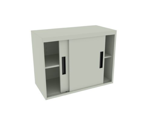 A light gray cabinet with two sliding doors, each featuring a vertical black handle. The left door is partly open, revealing two shelves inside. The cabinet stands on a flat surface.