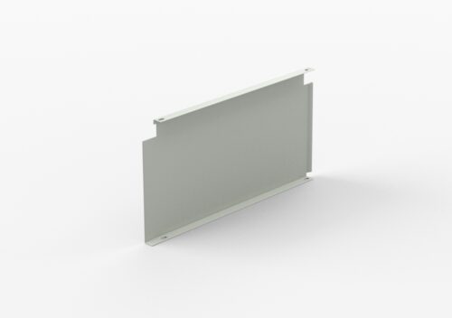 Rectangular metal panel with a smooth, light gray surface. The panel has a series of notches on both horizontal edges and small holes at each corner, likely for mounting or assembly purposes. The background is plain white.
