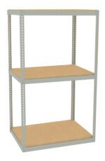 A metal shelving unit with three wood composite shelves is standing against a white background. The frame is silver with perforated steel beams, and the shelves are evenly spaced.