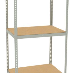 A metal shelving unit with three wood composite shelves is standing against a white background. The frame is silver with perforated steel beams, and the shelves are evenly spaced.