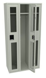 A metal storage locker with three compartments, each featuring a transparent door. The right door is open, revealing hooks and shelves inside. The locker is painted in a light gray color.