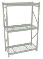A metal storage rack with three shelves, featuring a grid-like wire design for the shelves, and cross-braced supports on the sides. The rack is empty and set against a plain white background.