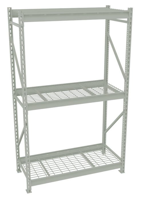 A metal storage rack with three shelves, featuring a grid-like wire design for the shelves, and cross-braced supports on the sides. The rack is empty and set against a plain white background.