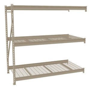 Metal storage rack with three shelves. The top and middle shelves have solid surfaces, while the bottom shelf is made of a metal grid. The rack is supported by a side frame with holes for adjustable shelving.