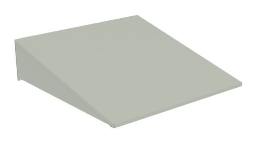 A minimalist, gray triangular ramp-like structure, viewed from an elevated angle. The surface appears smooth and the design is simple, with clean lines and a geometric shape.