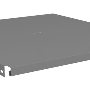 A grey, flat metal shelf with small holes on the sides, viewed from an angle. The edges of the shelf are slightly raised.