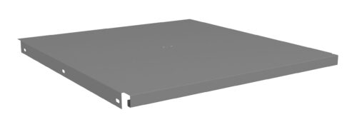 zsc7b4tyz5keoip2zmcm.jpg A grey, flat metal shelf with small holes on the sides, viewed from an angle. The edges of the shelf are slightly raised.