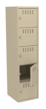 A tall, beige metal locker with four compartments is shown. The second compartment from the top has its door slightly open, while the rest are closed. Each door has a vented design and a lock mechanism.
