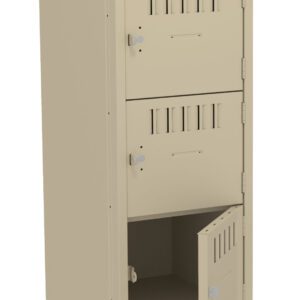A tall, beige metal locker with four compartments is shown. The second compartment from the top has its door slightly open, while the rest are closed. Each door has a vented design and a lock mechanism.