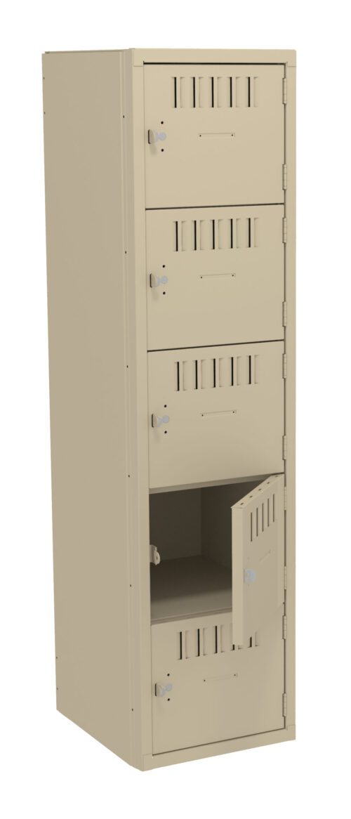 A tall, beige metal locker with four compartments is shown. The second compartment from the top has its door slightly open, while the rest are closed. Each door has a vented design and a lock mechanism.