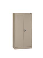 A beige, metal storage cabinet with two doors is standing upright against a plain white background. The cabinet features a black round handle on the right door.