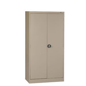 A beige, metal storage cabinet with two doors is standing upright against a plain white background. The cabinet features a black round handle on the right door.