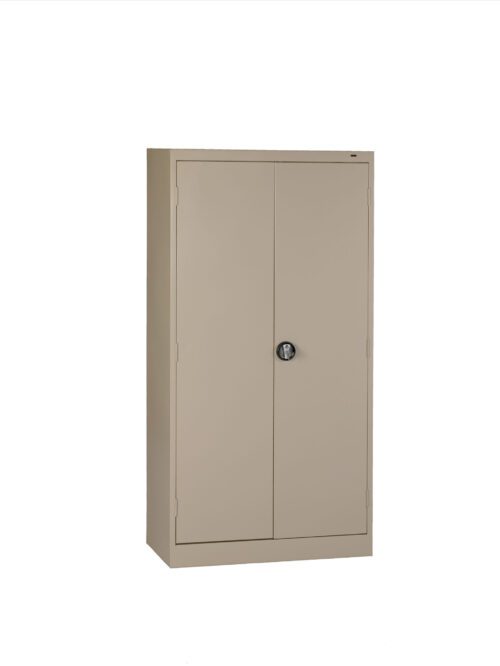 zsnnyd48s8edqjcopcdv.jpg A beige, metal storage cabinet with two doors is standing upright against a plain white background. The cabinet features a black round handle on the right door.