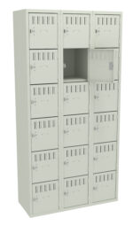 A beige metal locker unit with three columns and seven rows. One locker door is open, revealing an empty compartment. The lockers have ventilation slots and key locks on each door.