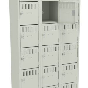 A beige metal locker unit with three columns and seven rows. One locker door is open, revealing an empty compartment. The lockers have ventilation slots and key locks on each door.