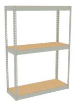 A freestanding metal shelving unit with three wooden shelves. The frame is light gray, made of metal with perforated holes for adjustable shelf positioning. The design is simple, suitable for storage or organizing items in various settings.
