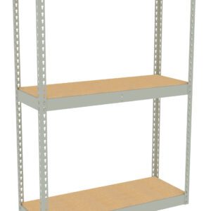 A freestanding metal shelving unit with three wooden shelves. The frame is light gray, made of metal with perforated holes for adjustable shelf positioning. The design is simple, suitable for storage or organizing items in various settings.