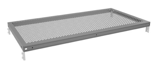 A perforated metal tray with a rectangular shape, featuring a grid of circular holes throughout its surface, viewed from an angle. The tray has a sleek, metallic finish and is designed for ventilation or drainage.