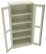 An open, light gray metal storage cabinet with four adjustable shelves and two glass-panel doors. The interior is empty, and the cabinet is designed for organizing and storing items.