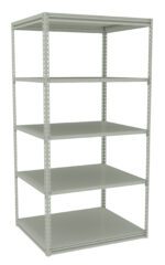 A metal shelving unit with five adjustable shelves, standing upright. The structure is made of light gray steel with perforated vertical supports and flat, rectangular shelf surfaces. The unit is empty and against a white background.