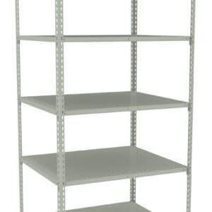 A metal shelving unit with five adjustable shelves, standing upright. The structure is made of light gray steel with perforated vertical supports and flat, rectangular shelf surfaces. The unit is empty and against a white background.