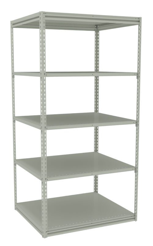 A metal shelving unit with five adjustable shelves, standing upright. The structure is made of light gray steel with perforated vertical supports and flat, rectangular shelf surfaces. The unit is empty and against a white background.