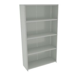 Grey metal shelving unit with five adjustable shelves, standing upright against a white background. The unit has perforated side panels for flexibility in shelf placement.