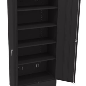 A tall, black, metal storage cabinet with one door open, revealing five adjustable shelves inside. The cabinet is on wheels for mobility and has a sleek, modern design.