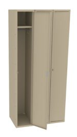 A beige metal locker with three compartments, one door slightly ajar. Inside, a metal rod is visible for hanging items. The surface is smooth and unadorned, with a minimalist design.