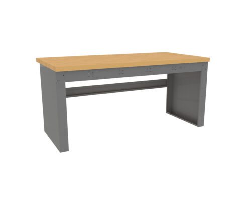 A simple rectangular table with a light wooden top and gray metal legs. The design is minimalist, suitable for office or home use. The table has a sturdy appearance with no visible drawers or shelves.