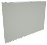 A blank, gray sheet of perforated computer paper is shown at an angle. The paper has evenly spaced holes along the top and bottom edges.
