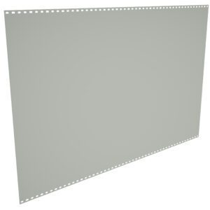 A blank, gray sheet of perforated computer paper is shown at an angle. The paper has evenly spaced holes along the top and bottom edges.