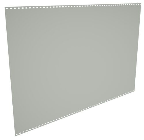 zuho31oe4f3rjrwjsjez.jpg A blank, gray sheet of perforated computer paper is shown at an angle. The paper has evenly spaced holes along the top and bottom edges.