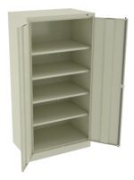 A beige metal storage cabinet with two open doors, revealing five adjustable shelves. The cabinet is empty and positioned against a white background.