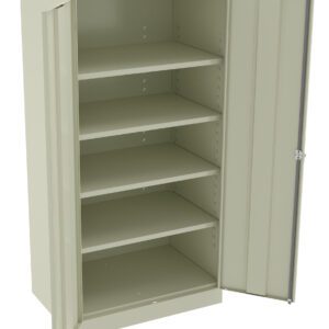 A beige metal storage cabinet with two open doors, revealing five adjustable shelves. The cabinet is empty and positioned against a white background.