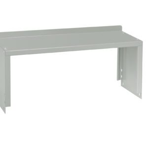 A gray metal desk shelf riser with two vertical supports on either side, designed to elevate monitors or organize desk items. The surface is flat, and its minimalist design suits various office or home environments.