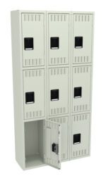 A tall, light gray metal locker unit with nine compartments arranged in three rows. Each compartment has a black handle. One of the lockers is open, revealing an empty interior.