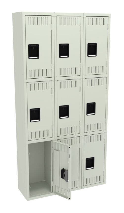 A tall, light gray metal locker unit with nine compartments arranged in three rows. Each compartment has a black handle. One of the lockers is open, revealing an empty interior.