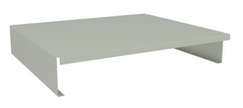 A simple, light gray rectangular metal stand with flat top and open sides, designed to elevate electronic devices or other items. The edges are smooth, and the stand has minimalist, functional design.