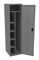 A gray metal locker with an open door is shown. Inside, it has four shelves on the left and a hanging rod and open space on the right. The exterior features a lock and vented sides.