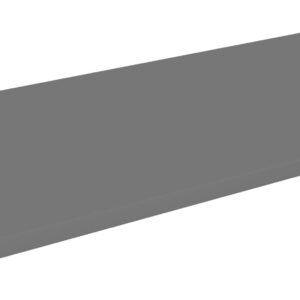 A flat, rectangular, gray shelf with a smooth surface and square edges, positioned at an angle with the right side slightly elevated.