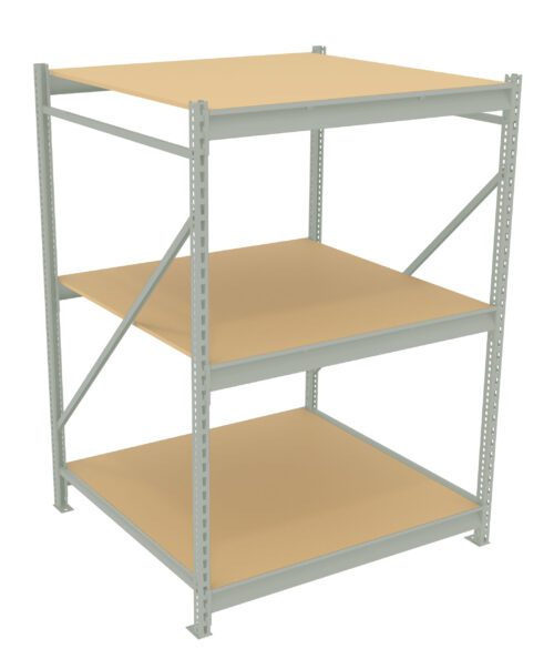 A metal shelving unit with three beige shelves. The frame is gray, featuring diagonal support bars on the sides. The unit is empty, with a simplistic and industrial design suitable for storage or warehouse use.