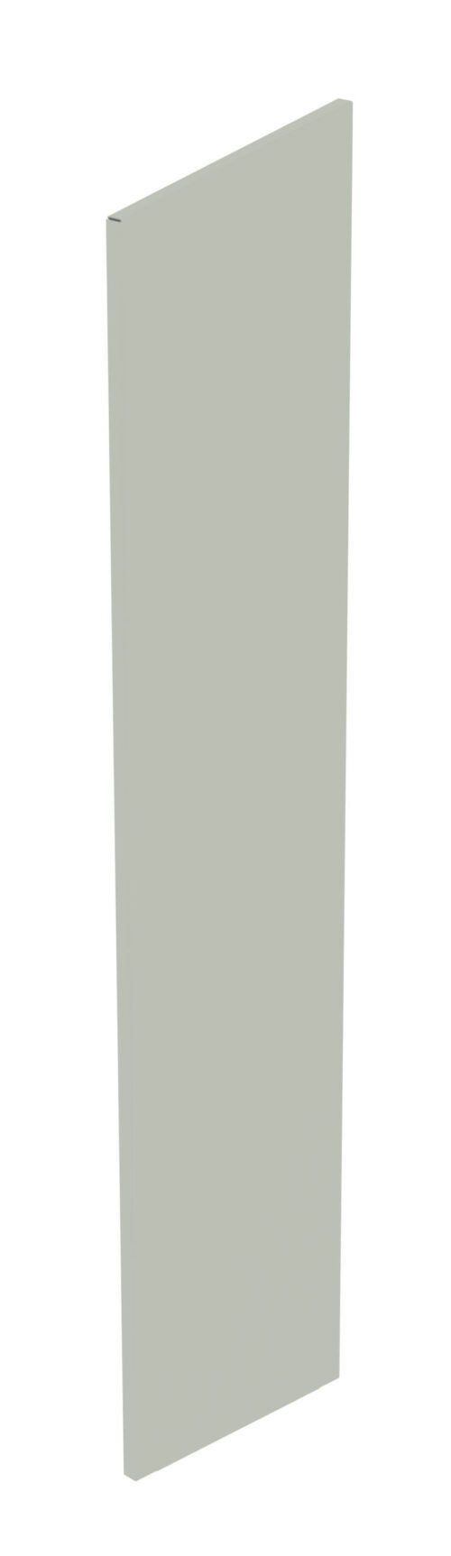 A tall, thin, gray rectangular panel stands upright against a white background. The panel appears to have a smooth surface and is viewed from an angle, showing its narrow side.