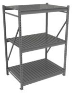 A metal shelving unit with three adjustable slatted shelves. The frame is made of sturdy vertical and horizontal beams, suitable for heavy storage. The design is simple and industrial.