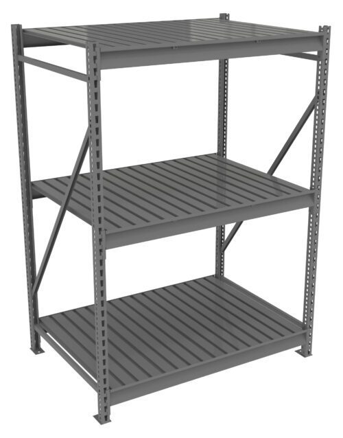 A metal shelving unit with three adjustable slatted shelves. The frame is made of sturdy vertical and horizontal beams, suitable for heavy storage. The design is simple and industrial.